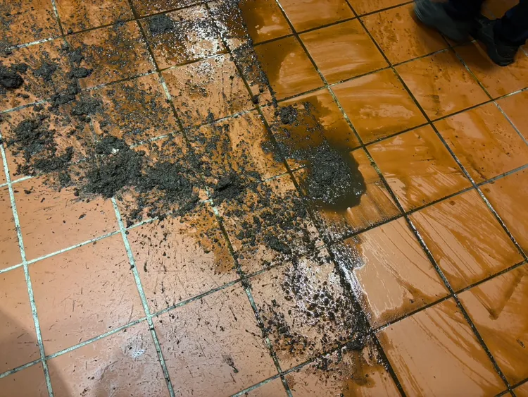 男子潑灑泥土攪拌汙水的穢物，工作人員與用餐顧客都嚇傻。翻攝畫面