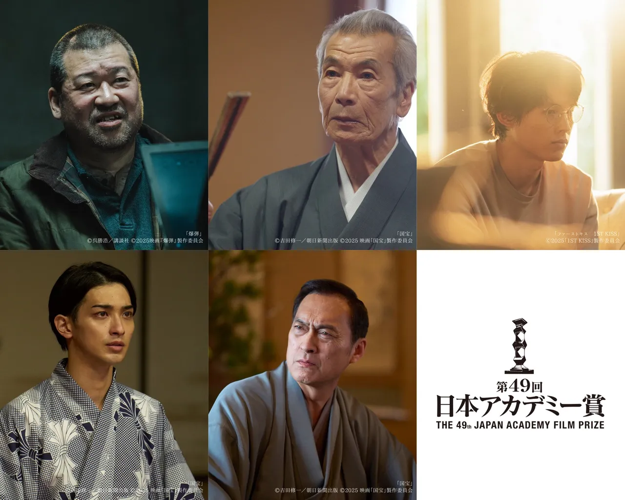 第49屆日本電影學院獎最佳男配角入圍者。上排左起佐藤二朗、田中泯、松村北斗、下排左起橫濱流星、渡邊謙。