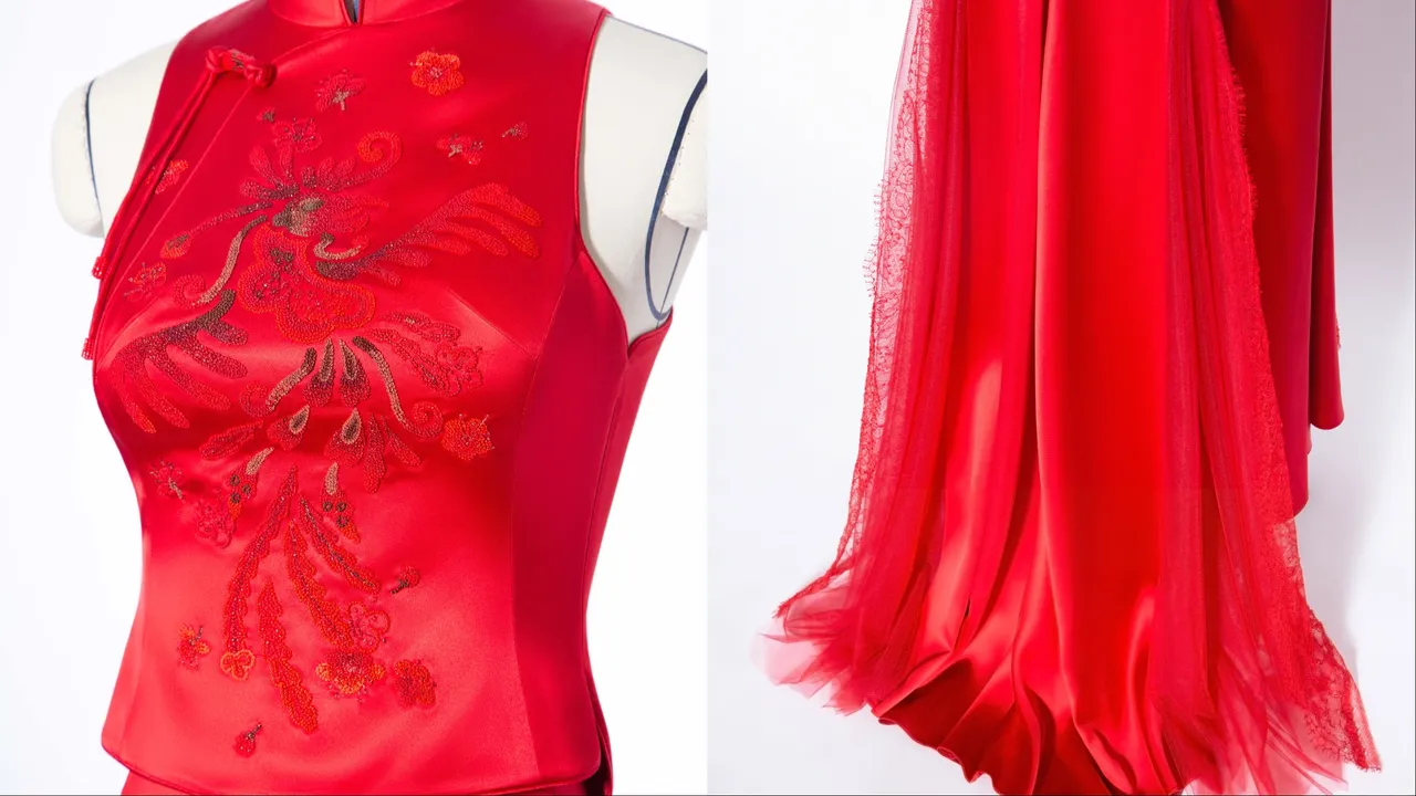 中式立領削肩背心以刺繡線條細膩呈現鳳凰的柔韌與祥瑞之氣。品牌提供