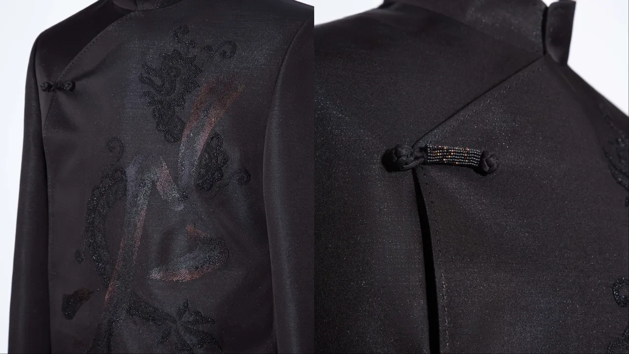 陳漢典的中式訂製禮服以西裝的硬挺結構為基調，融入中式斜襟與立領細節。品牌提供