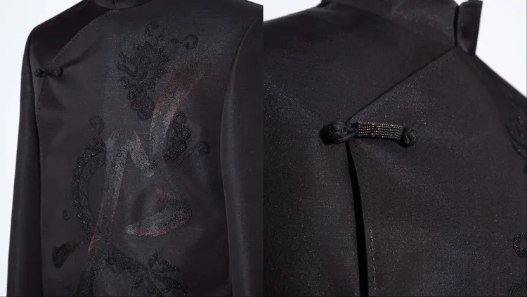 陳漢典的中式訂製禮服以西裝的硬挺結構為基調，融入中式斜襟與立領細節。品牌提供