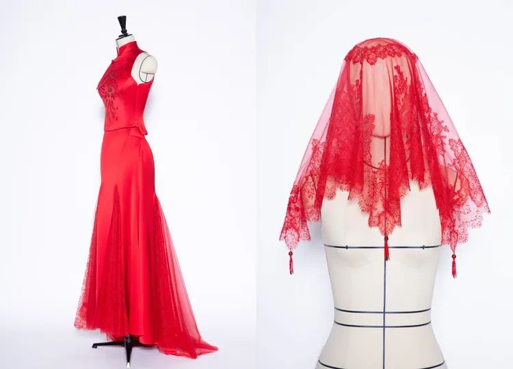 Lulu特別要求搭配中式紅蓋頭，為古典華服注入了莊重且詩意的儀式感。品牌提供