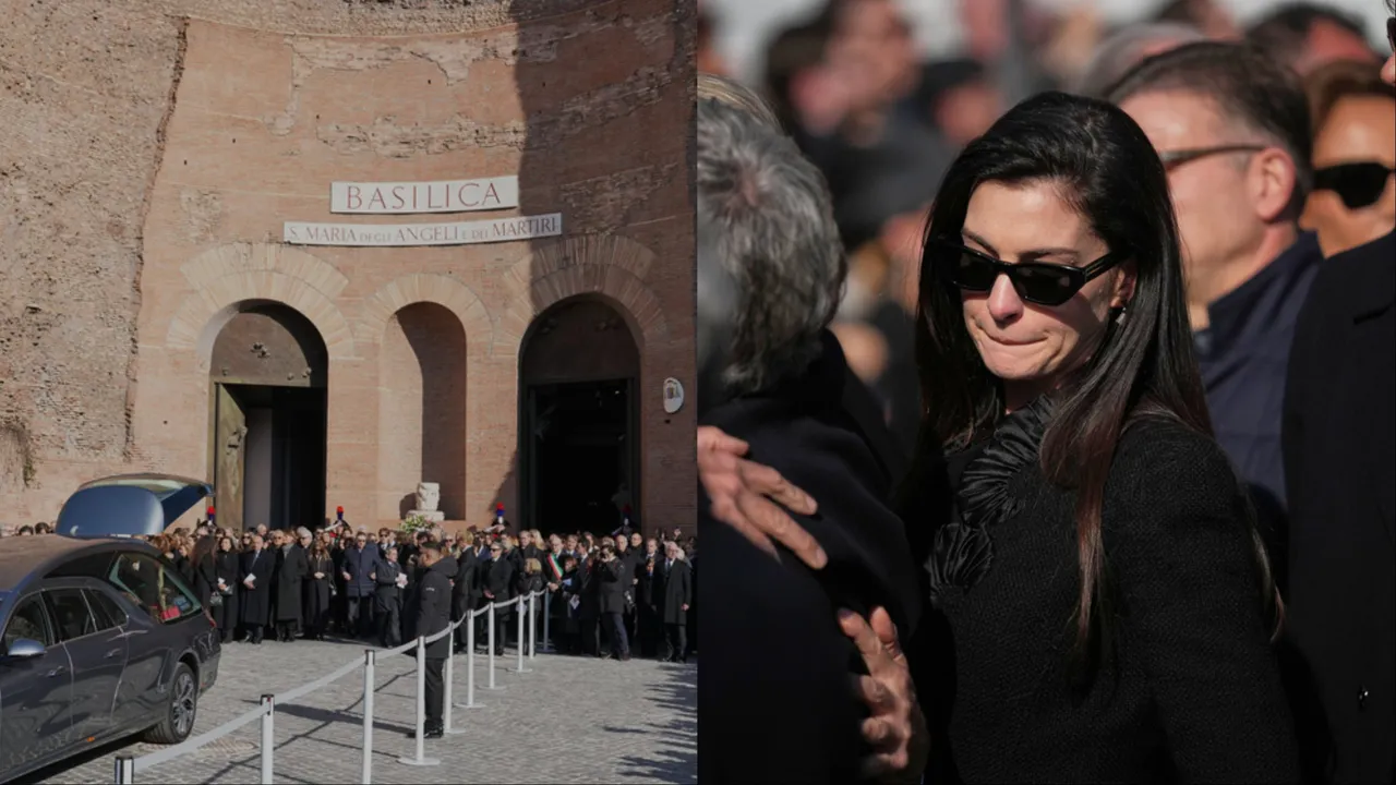 Valentino Garavani的葬禮23日舉行，安海瑟薇（左）現身淚別大師。美聯社