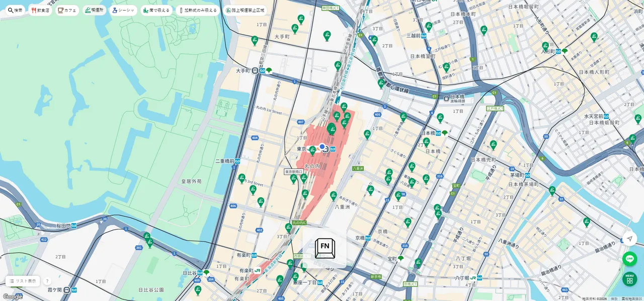 日本吸菸區地圖功能強大，可即時搜尋鄰近的吸菸區、可吸菸咖啡廳或居酒屋。翻攝CLUB JT吸菸區地圖