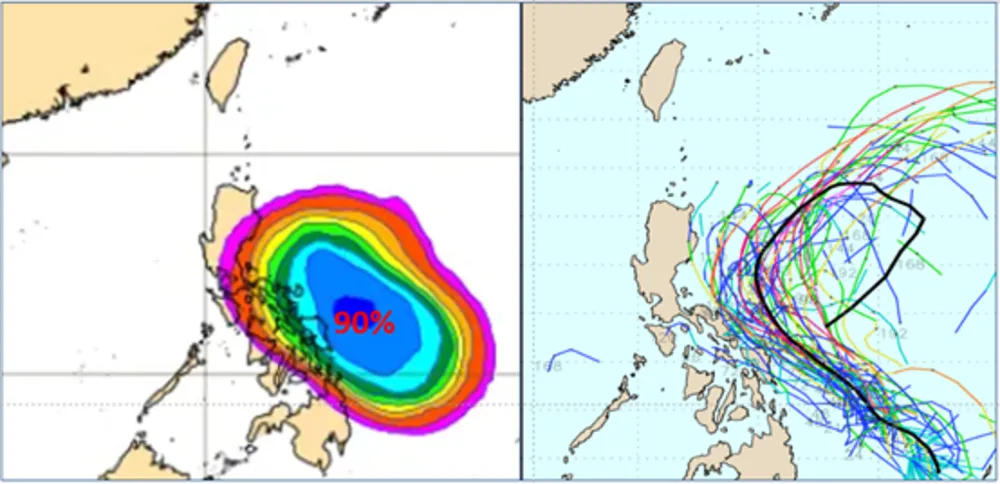 熱帶擾動週五、六成颱機率達90%，路徑在呂宋島東方海面迴轉後轉向東南東。氣象應用推廣基金會