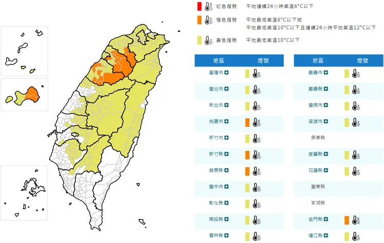 今日上午4縣市有6度以下氣溫(橙色燈號)發生的機率，氣象署提醒民眾注意防範。中央氣象署