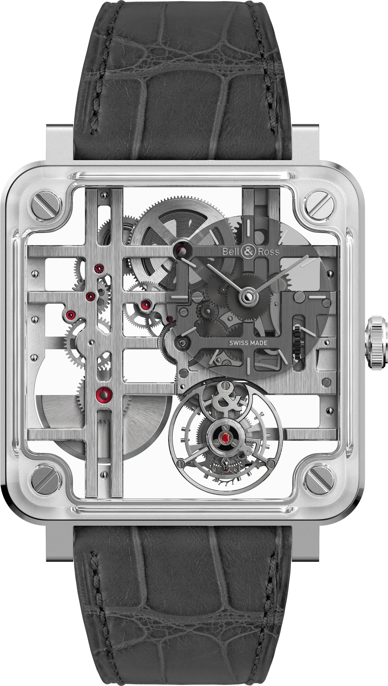 Bell & Ross BR-X3 Tourbillon Micro-Rotor微型擺陀陀飛輪，40mm，緞面打磨及拋光不鏽鋼錶殼，鏤空錶盤，灰色鱷魚皮錶帶，BR-CAL.389專利自動機械機芯，動力儲存52小時，防水深度50米，台灣限量1只，312萬元。品牌提供