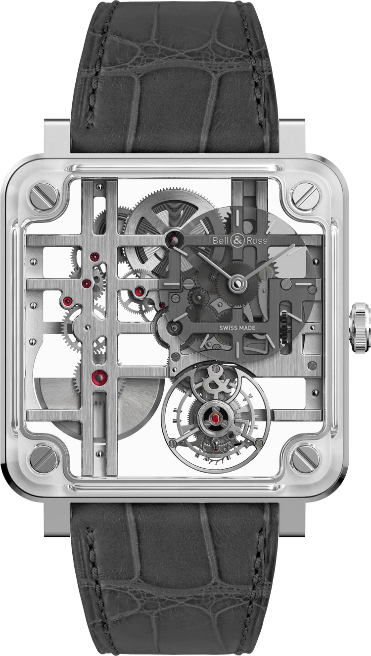 Bell & Ross BR-X3 Tourbillon Micro-Rotor微型擺陀陀飛輪，40mm，緞面打磨及拋光不鏽鋼錶殼，鏤空錶盤，灰色鱷魚皮錶帶，BR-CAL.389專利自動機械機芯，動力儲存52小時，防水深度50米，台灣限量1只，312萬元。品牌提供