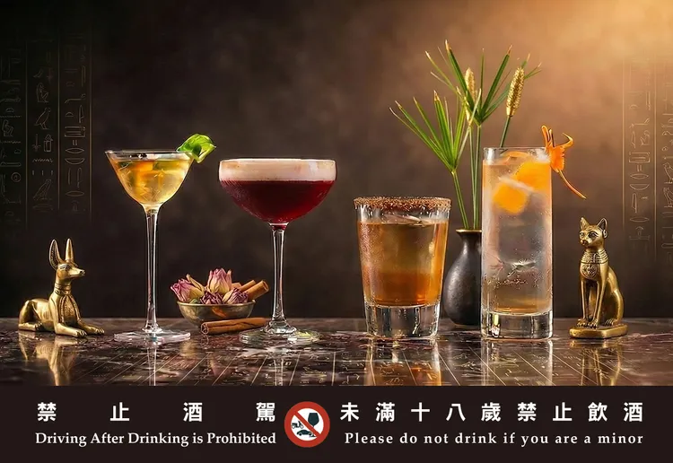 台南遠東香格里拉大廳茶軒以「微醺尼羅河」為主題，推出向《埃及之王：法老》特展致敬的限定調酒，延伸觀展體驗至夜晚。台南遠東香格里拉提供