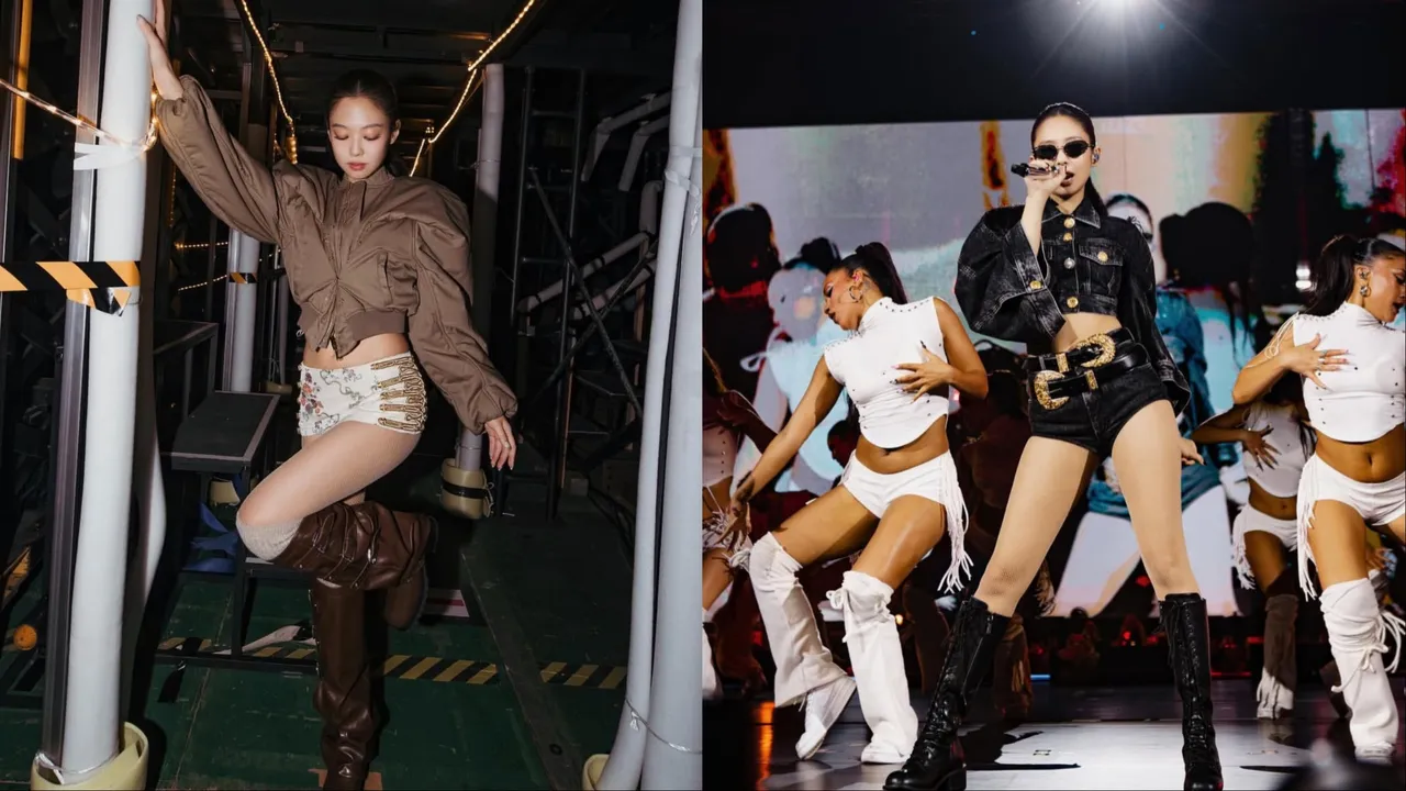 Jennie日前在巡演舞台上穿著STAND OIL設計的戰靴。翻攝Jennie IG