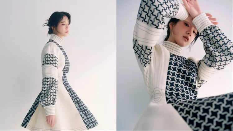 程予希穿著LV蜂巢提花泡泡袖連身洋裝。《MilkX》Taiwan提供