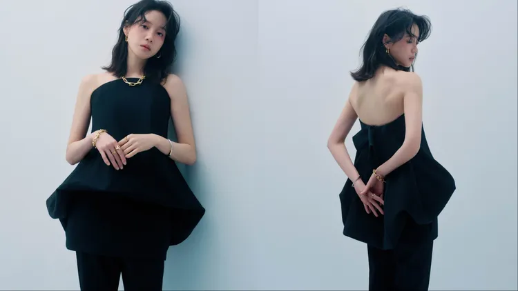 程予希穿著BALENCIAGA黑色造型短洋裝、黑色廓型長褲，搭配TIFFANY & CO.珠寶。《MilkX》Taiwan提供