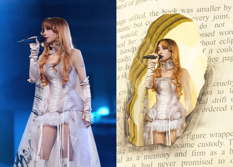 「金紗女伶」出自LSOUL，米杏色綁帶馬甲搭配薄紗短裙，另披上一層文字曳地薄紗更添仙氣。凌時差提供