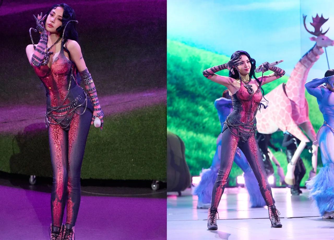 脱掉长裙后，内里则是1件紧身的暗红色水钻战。凌时差提供