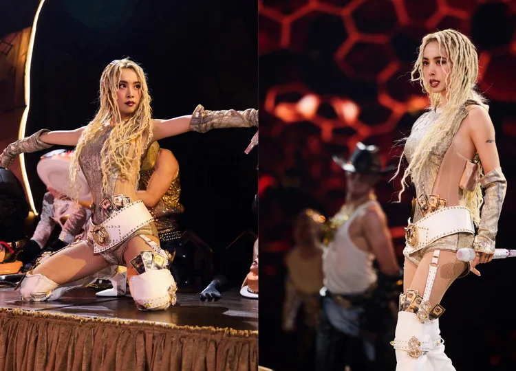 另也有「魅慾女王」造型，以膚色網襪、馬甲搭配寬版腰封，身上還塞滿鈔票。凌時差提供