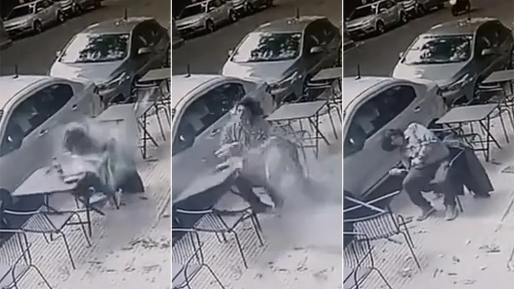 惊悚影片｜悠闲坐店外吃早餐　「天降大玻璃」砸头KO食客