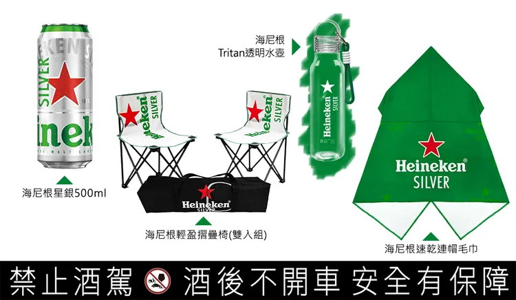 海尼根罐裝於 7-11 集點可兌換水壺、連帽毛巾與摺疊椅，第二波活動至 3月31日止。