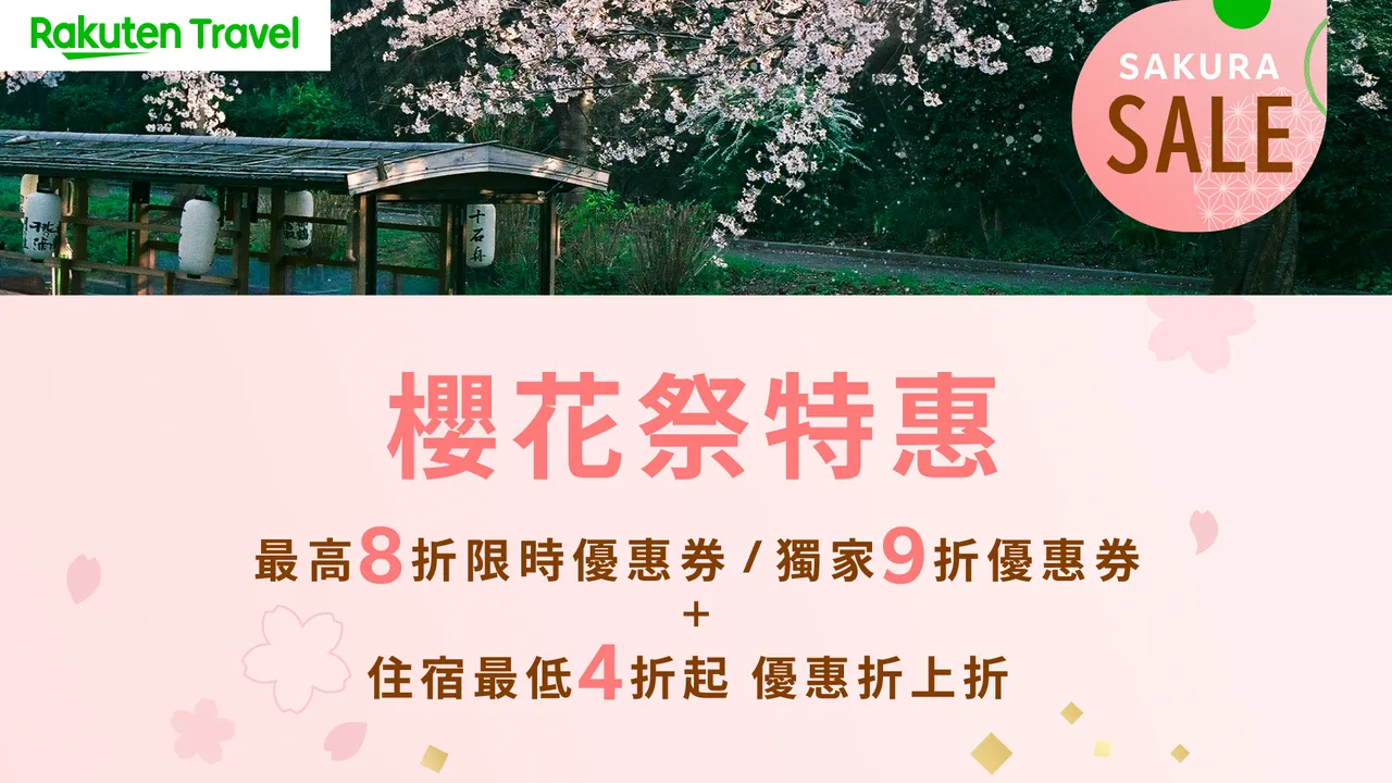 樂天旅遊Sakura Sale 即日起限時開跑至2/27，活動期間提供超過千張優惠券，並同步推出訂房8折優惠，且可與飯店原有方案疊加使用。業者提供