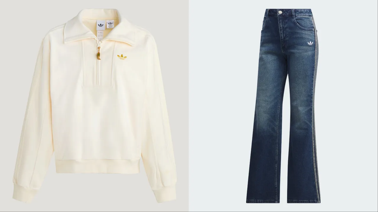 adidas Originals女款翻領上衣 （左）3890元、丹寧長褲（右）4290元。品牌提供