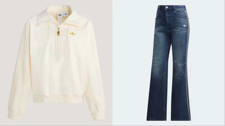 adidas Originals女款翻領上衣 （左）3890元、丹寧長褲（右）4290元。品牌提供