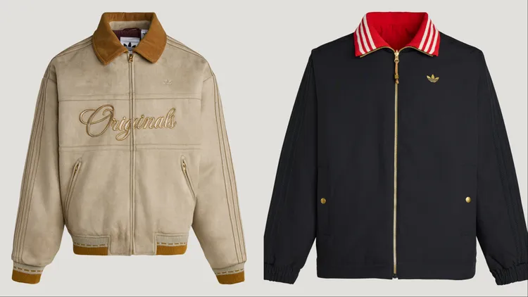 adidas Originals男款麂皮拼接夾克 （左）7800元、雙面穿翻領夾克（右）7200元。品牌提供