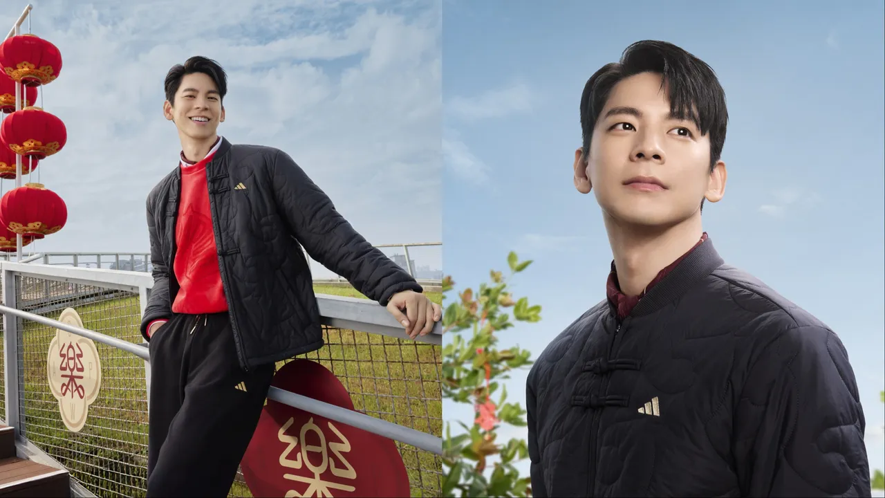 林柏宏穿著adidas黑紅配色的中式鋪棉外套。品牌提供