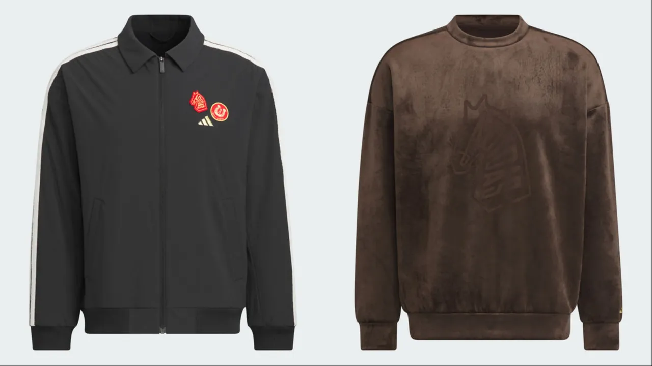 adidas男款拉鍊夾克（左）4690元、馬頭造型上衣（右）2290元。品牌提供