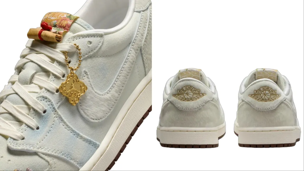 Air Jordan 1 Retro Low OG採用丹寧拼接仿馬毛材質，除了配有馬年主題的金屬吊飾外，後跟處也有雷射飛翼標誌。品牌提供