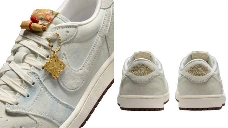 Air Jordan 1 Retro Low OG採用丹寧拼接仿馬毛材質，除了配有馬年主題的金屬吊飾外，後跟處也有雷射飛翼標誌。品牌提供