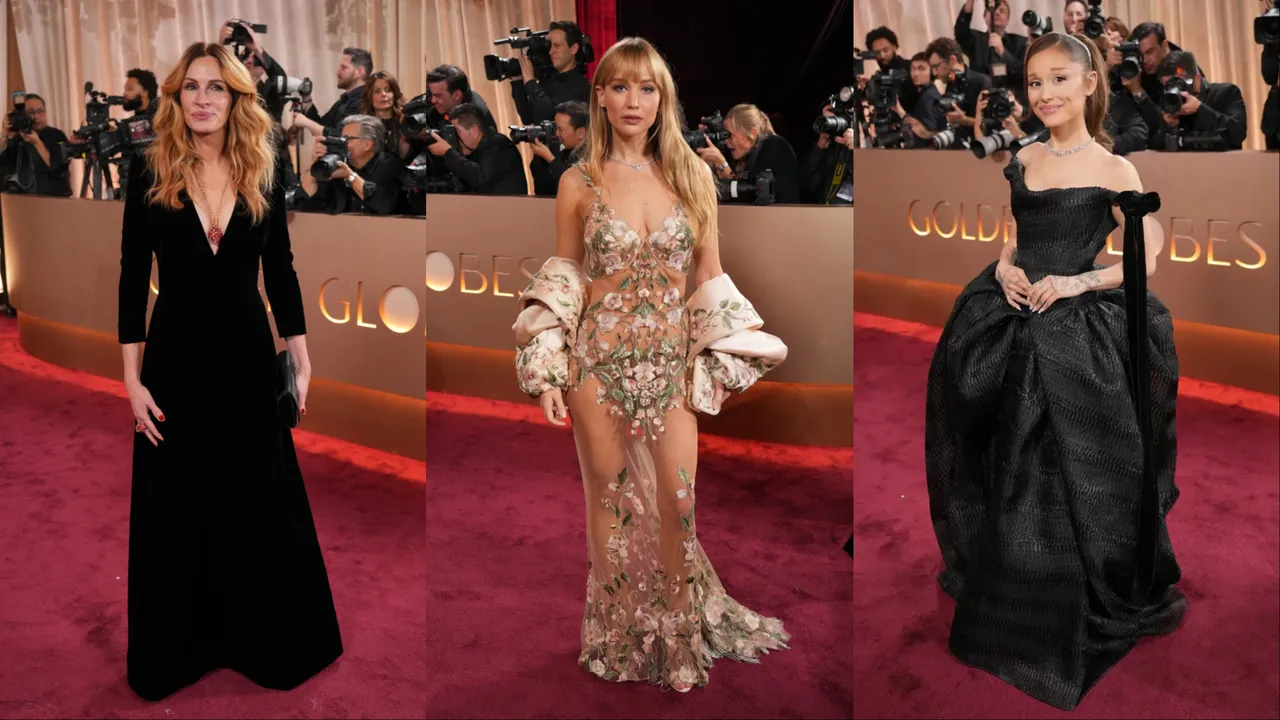 茱莉亞羅勃茲（左起）、珍妮佛勞倫斯、亞莉安娜皆在金球獎紅毯上配戴SWAROVSKI首飾。美聯社