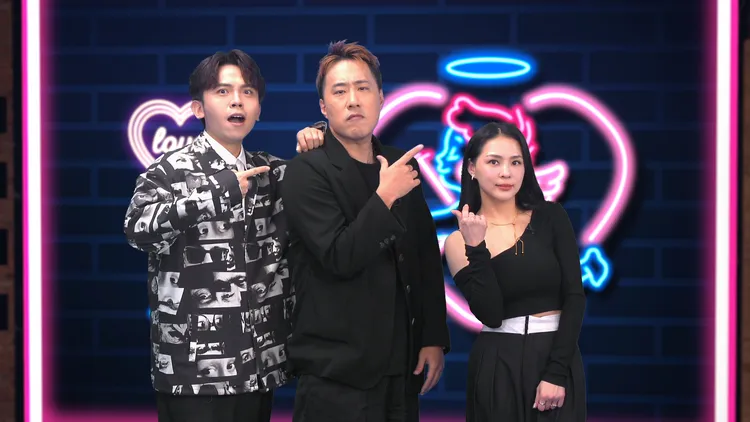 余祥銓（中）自嘲原始人，手機都被老婆控管，左為黃豪平，右為熊熊。《戀愛熊天秤》提供