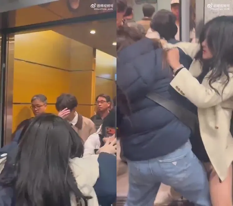 成訓昨天結束上海活動回到韓國，私生飯在機場打算跟上電梯，跟工作人員爆發肢體衝突。翻攝微博