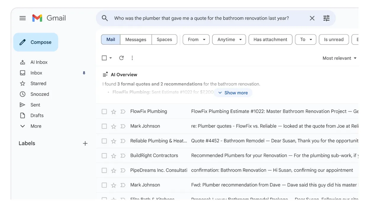 向Gmail直接询问过去的信件内容，系统会自动整理关键资讯，快速找出一年前装修报价等重要细节。Google官网