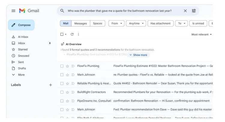 向Gmail直接詢問過去的信件內容，系統會自動整理關鍵資訊，快速找出一年前裝修報價等重要細節。Google官網