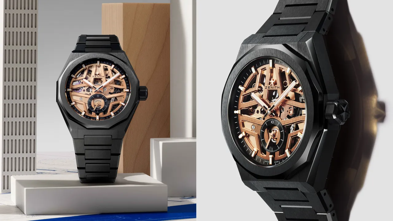 ZENITH DEFY挑戰系列SKYLINE SKELETON天際線鏤空腕錶，41mm，黑色陶瓷錶殼，金色鏤空錶盤，黑色陶瓷錶鍊，El Primero 3620 SK鏤空自動上鍊機芯，動力儲存55小時，防水深度100米，61萬5100元。品牌提供