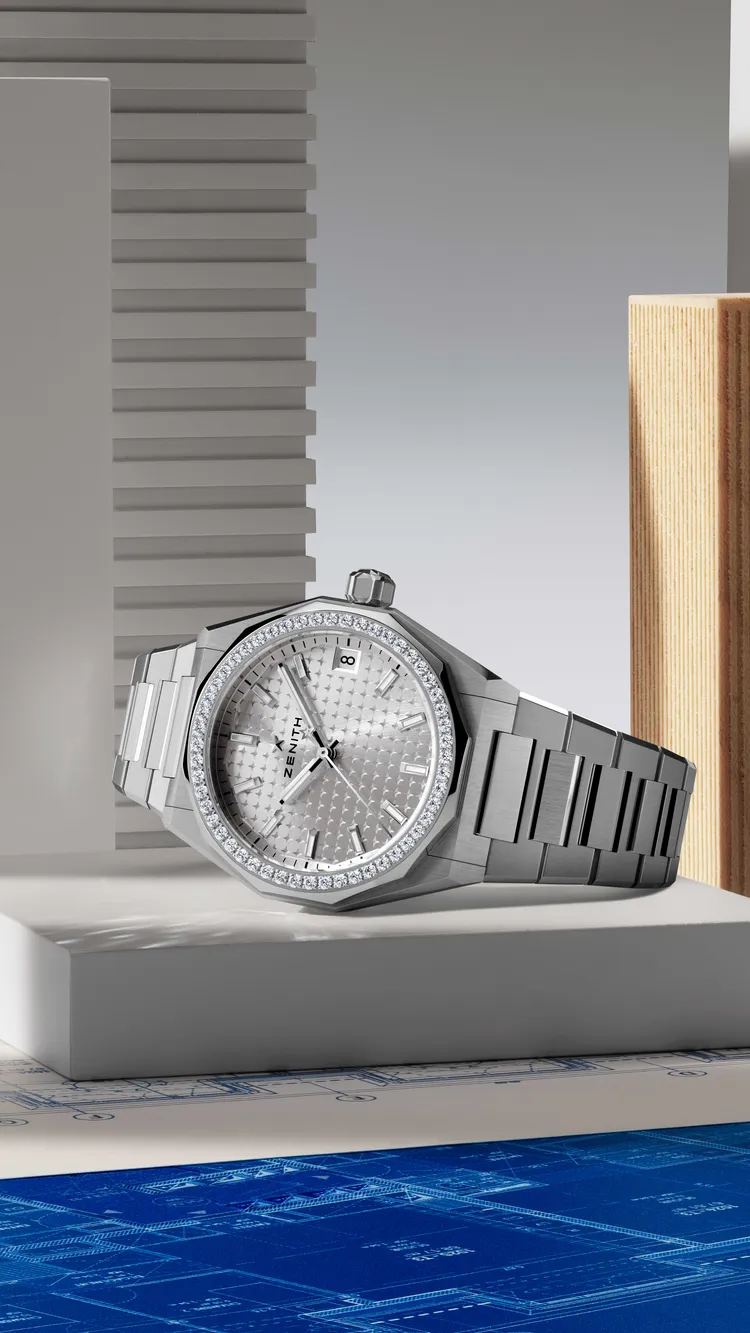 ZENITH DEFY挑戰系列SKYLINE天際線腕錶，36mm，精鋼錶殼（錶圈鑲嵌52顆明亮式切割鑽石），銀色太陽紋錶盤，精鋼錶鍊，Elite 670自動上鍊機芯，動力儲存50小時，防水深度100米，43萬3100元。品牌提供