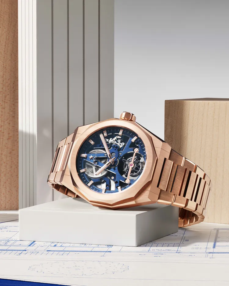 ZENITH DEFY挑戰系列SKYLINE TOURBILLON SKELETON天際線鏤空陀飛輪腕錶，41mm，玫瑰金錶殼，藍色鏤空錶盤，純玫瑰金錶鍊，El Primero 3630 SK鏤空陀飛輪機芯，動力儲存50 小時，防水深度100米，限量50只，334萬4200元。品牌提供