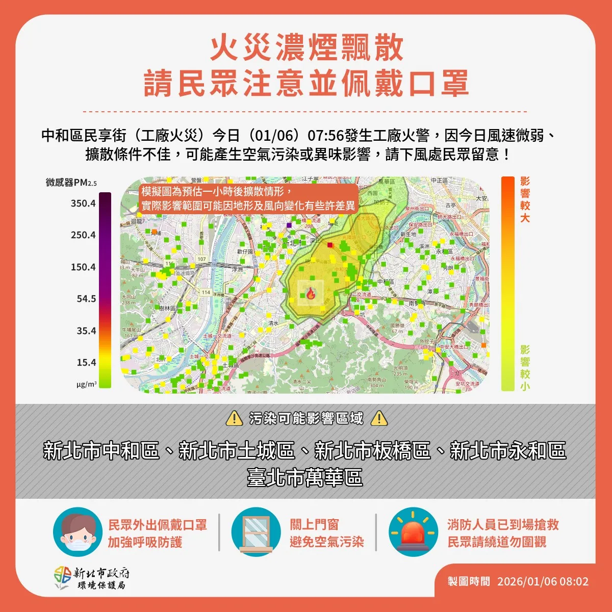 环保局吁民众避免外出时配戴口罩，加强呼吸道防护，并将住家门窗紧闭，降低污染物进入室内的风险。新北i环保脸书