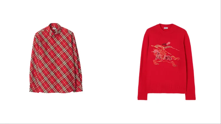 Buberry蠟筆紅色休閒版型格紋棉質襯衫（左）2萬8500元、蠟筆紅色十字繡戰馬騎士羊毛喀什米爾套頭衫 （右）4萬9900元。品牌提供