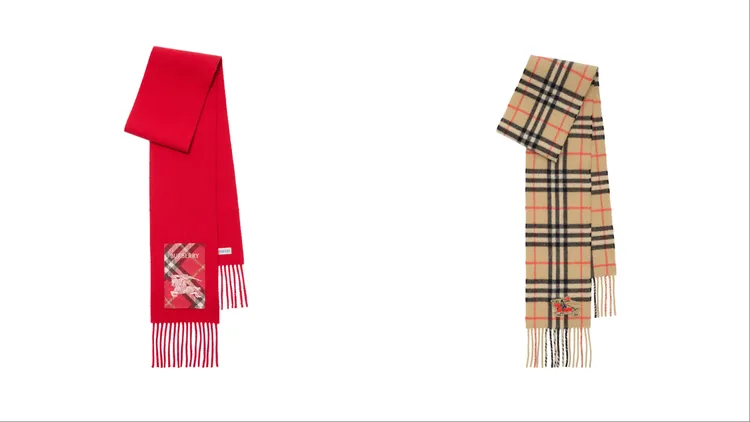 Burberry蠟筆紅色格紋標籤喀什米爾圍巾 （左）1萬6500元、沙米色窄版格紋喀什米爾圍巾（右）1萬8500元。品牌提供
