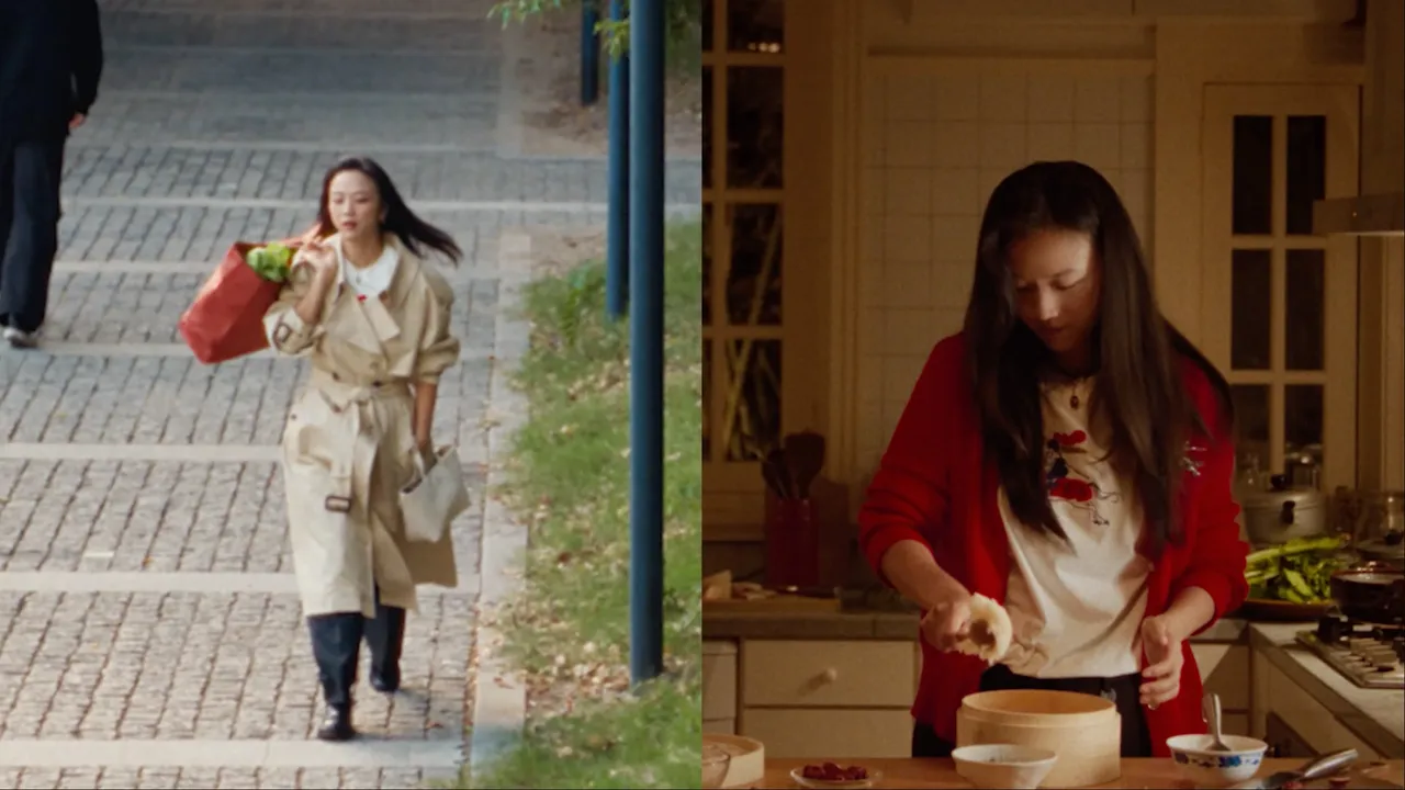 湯唯扛起大袋鮮菜蔬果回家做菜。品牌提供