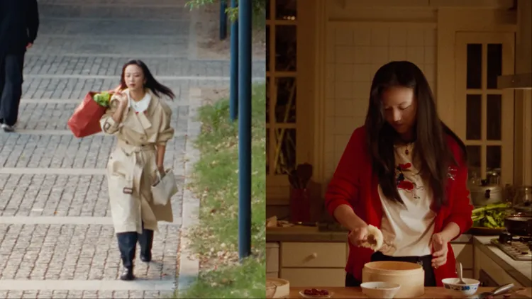 湯唯扛起大袋鮮菜蔬果回家做菜。品牌提供