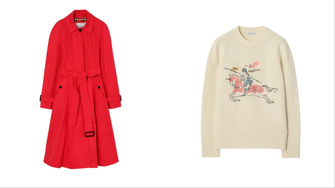 Burberry蠟筆紅色長版Ellingham修身寬襬輕便大衣（左）9萬9000元、凍原米色十字繡馬術騎士徽標羊毛混紡針織衫（右）4萬9900元。品牌提供