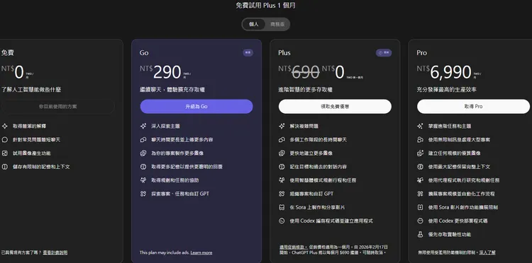 ChatGPT各版本功能比較。翻攝自官網