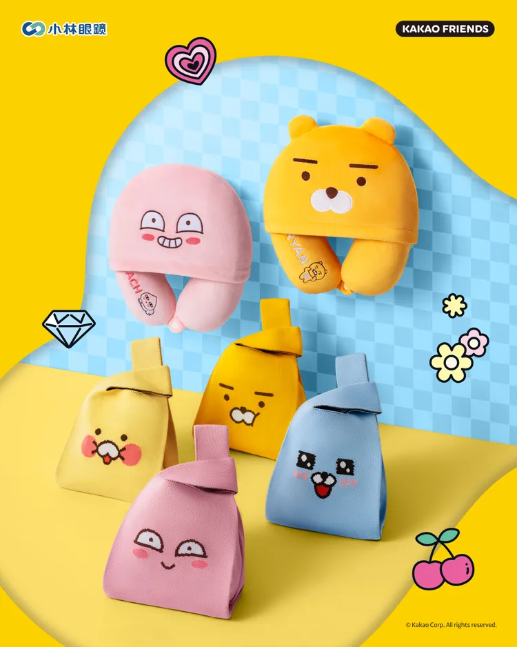 小林眼鏡同步推出Kakao Friends角色針織提袋及連帽頸枕。品牌提供