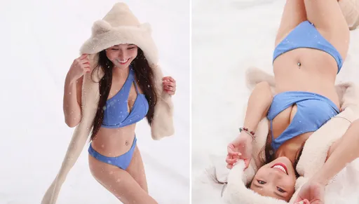 琳妲漫天雪花中穿比基尼躺雪地！太冷彈跳起身　又被攝影師推倒