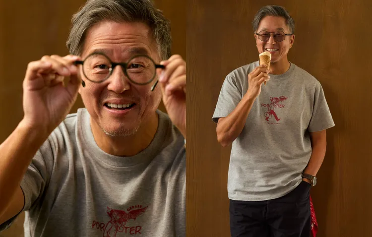 王偉忠穿著聯名短Tee搭配多口袋工裝褲。品牌提供