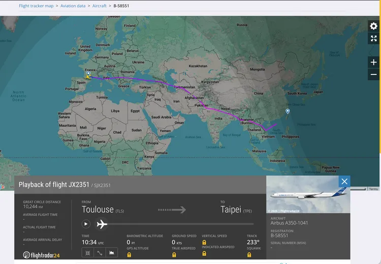 星宇航空首架A350-1000（B-58551）5日自法國土魯斯起飛返台，依航班追蹤網站Flightradar24顯示，交機航班JX2351實際起飛時間延後，預計於6日下午抵達桃園國際機場。Flightradar24畫面