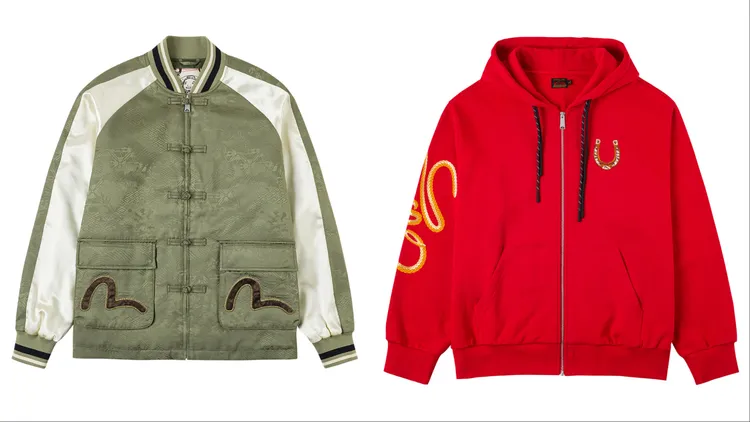 EVISU馬年提花夾棉中式外套（左）2萬1000元、馬年刺繡拉鍊連帽上衣 （右）1萬2000元。品牌提供