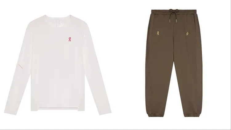 On昂跑男款Performance 機能排汗長袖（左）2980元、Track休閒長褲（右）5480元。品牌提供